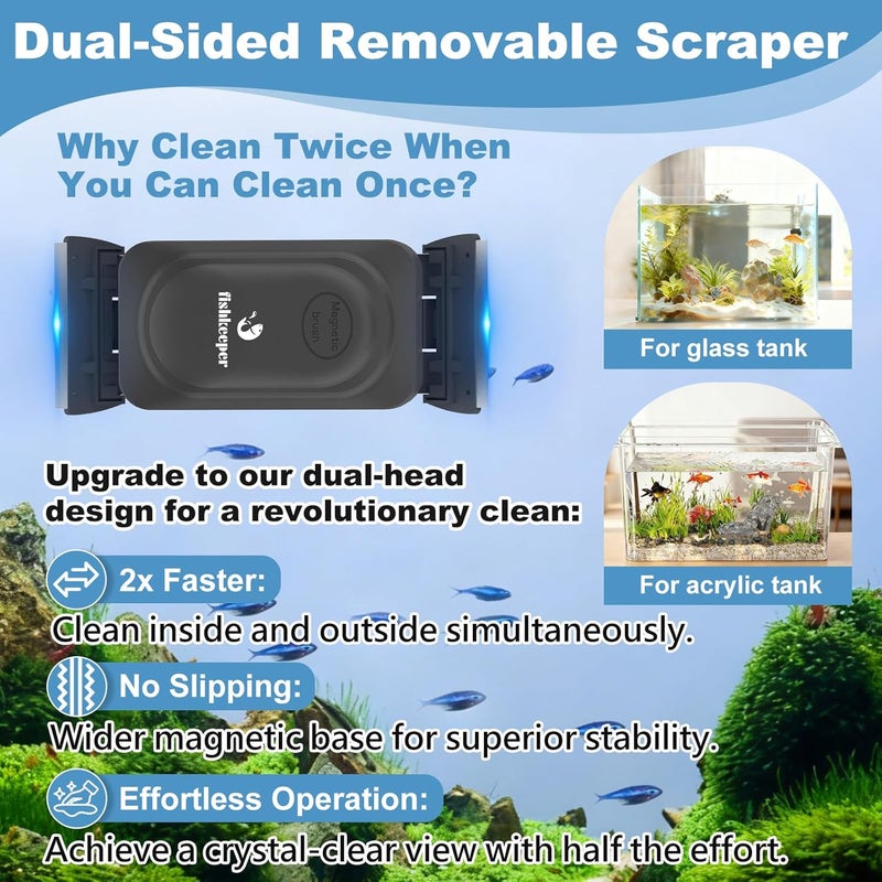 fishkeeper Magnetic Aquarium Glass Cleaner, Dual-Blades Algae Fish Tank Glass Cleaner Brush for 0.2-0.4 Inch Thick Glass Aquariums Tank, Self-Floating Scrubber Brush with 4 Detachable Scraper - Image 5